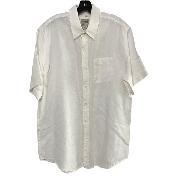LL Bean Linen Shirt Mens Large Reg. Slightly Fitted White Short Sleeve Casual - Picture 2 of 14